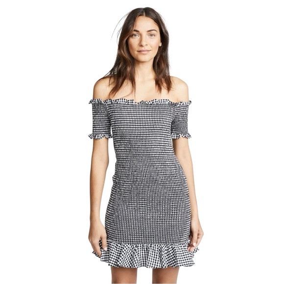 WAYF Scafati Gingham Off Shoulder Mini Dress in Black/White Print - Picture 2 of 5